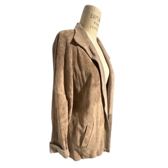 Vintage 80s BG Street Suede Leather Open Front Cardigan Jacket Taupe Women Small - Picture 2 of 11